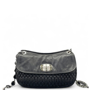 Miu Miu Crystal Embellished Shoulder Bag Crumpled Calfskin Black