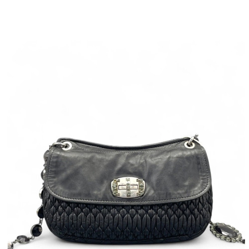 Miu Miu Crystal Embellished Shoulder Bag Crumpled Calfskin Black