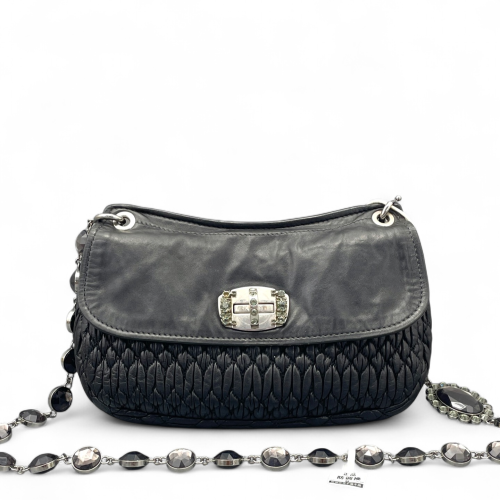 Miu Miu Crystal Embellished Shoulder Bag Crumpled Calfskin Black