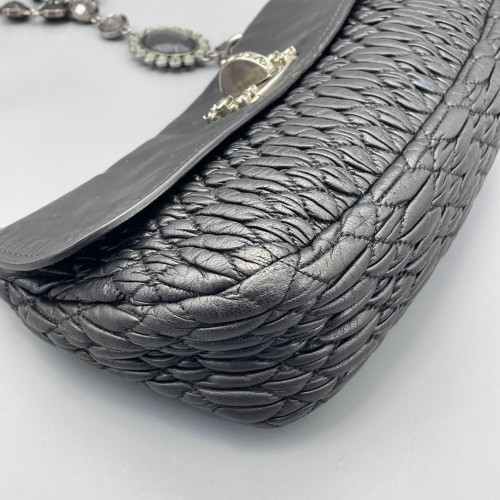 Miu Miu Crystal Embellished Shoulder Bag Crumpled Calfskin Black
