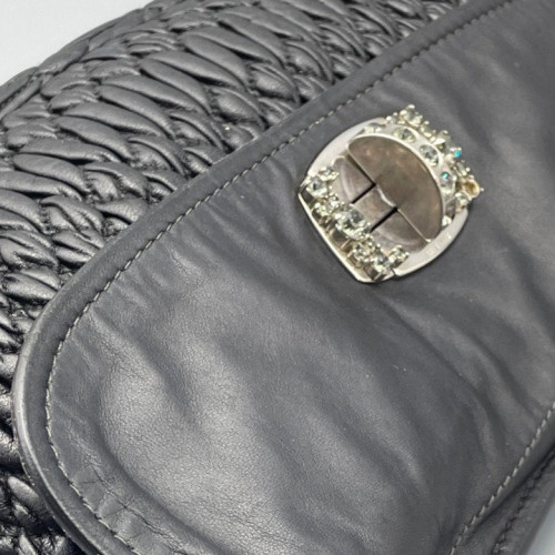 Miu Miu Crystal Embellished Shoulder Bag Crumpled Calfskin Black