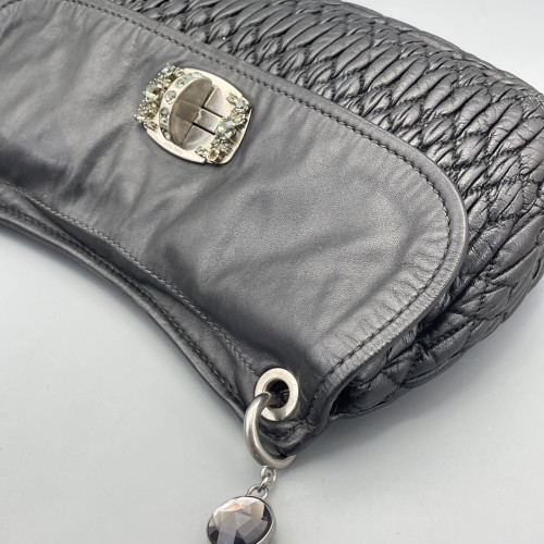 Miu Miu Crystal Embellished Shoulder Bag Crumpled Calfskin Black