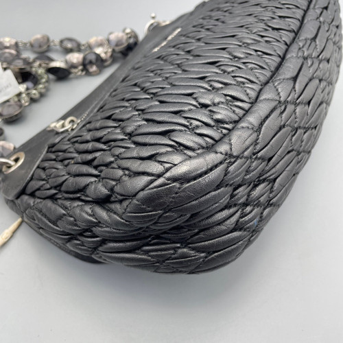Miu Miu Crystal Embellished Shoulder Bag Crumpled Calfskin Black