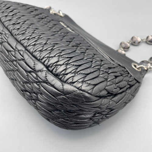 Miu Miu Crystal Embellished Shoulder Bag Crumpled Calfskin Black