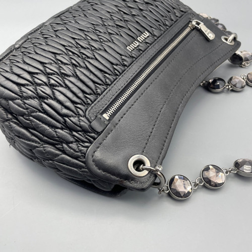 Miu Miu Crystal Embellished Shoulder Bag Crumpled Calfskin Black