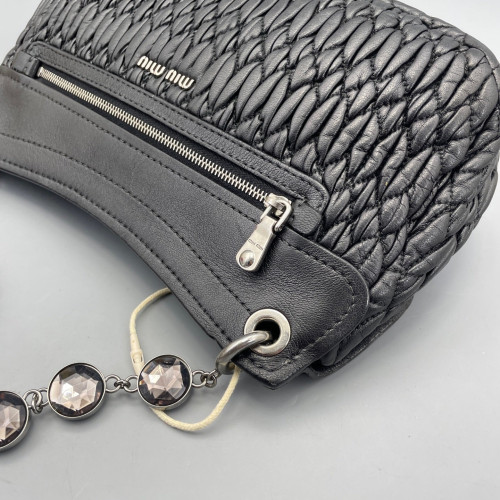 Miu Miu Crystal Embellished Shoulder Bag Crumpled Calfskin Black
