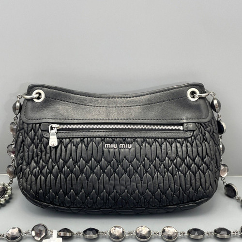 Miu Miu Crystal Embellished Shoulder Bag Crumpled Calfskin Black