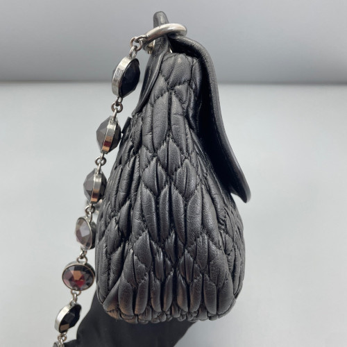 Miu Miu Crystal Embellished Shoulder Bag Crumpled Calfskin Black