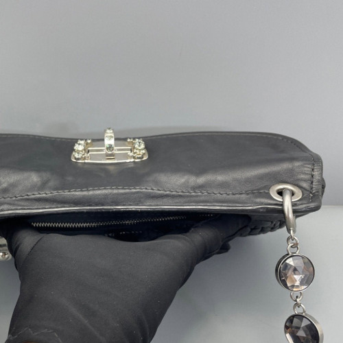 Miu Miu Crystal Embellished Shoulder Bag Crumpled Calfskin Black