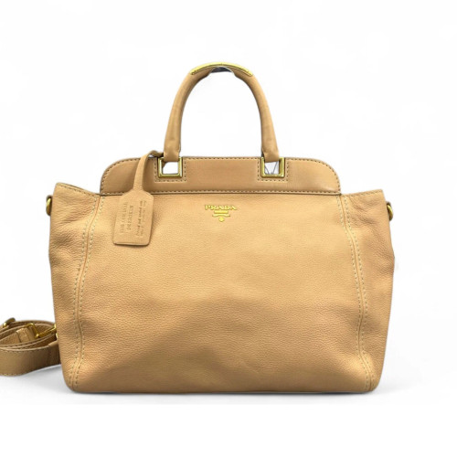 Prada Tote Bag Grained Calfskin Natural Tan