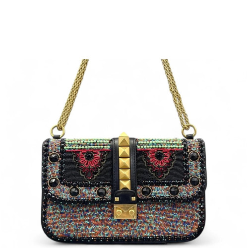 Valentino Medium Glam Lock Rockstud Flap Smooth Calfskin Perline Glass Black Red Green
