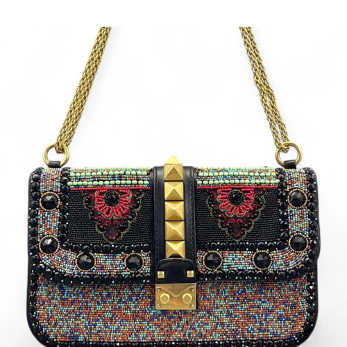 Valentino Medium Glam Lock Rockstud Flap Smooth Calfskin Perline Glass Black Red Green