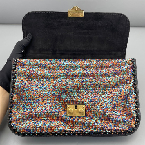 Valentino Medium Glam Lock Rockstud Flap Smooth Calfskin Perline Glass Black Red Green