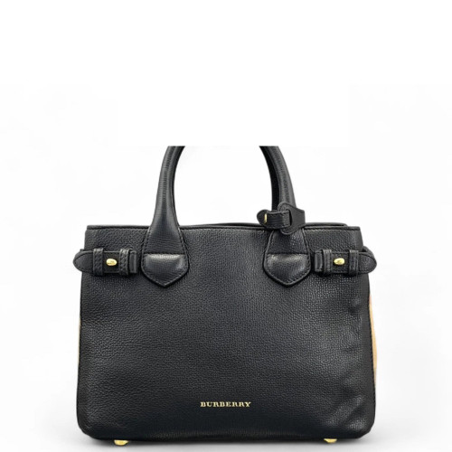 Burberry Small Banner Tote Calfskin House Check Black Red Beige