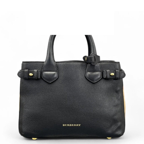 Burberry Small Banner Tote Calfskin House Check Black Red Beige