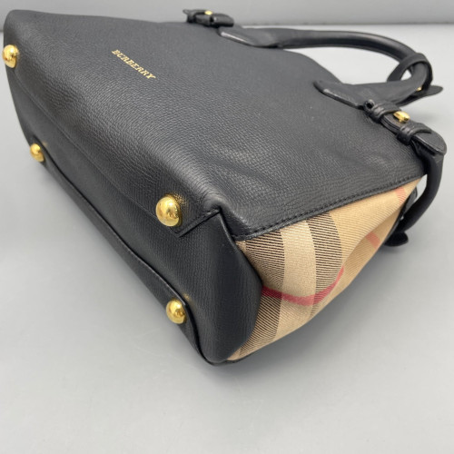 Burberry Small Banner Tote Calfskin House Check Black Red Beige