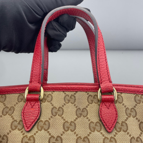 Gucci Small Ophidia Open Bucket GG Monogram Grained Calfskin Brown Red