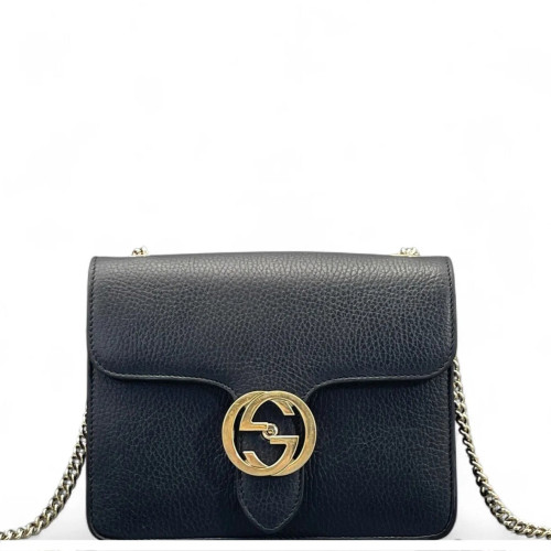 Gucci Small Interlocking G Shoulder Bag Grained Calfskin Black