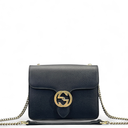 Gucci Small Interlocking G Shoulder Bag Grained Calfskin Black