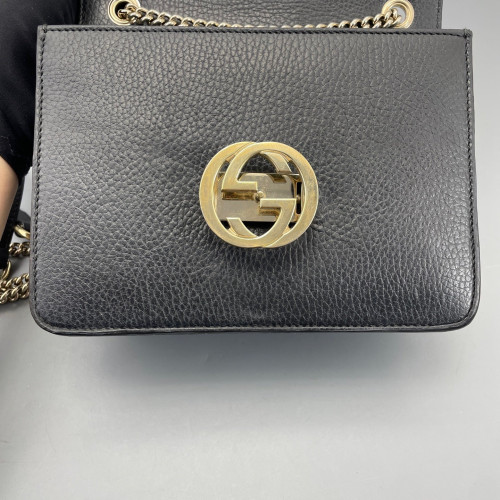Gucci Small Interlocking G Shoulder Bag Grained Calfskin Black