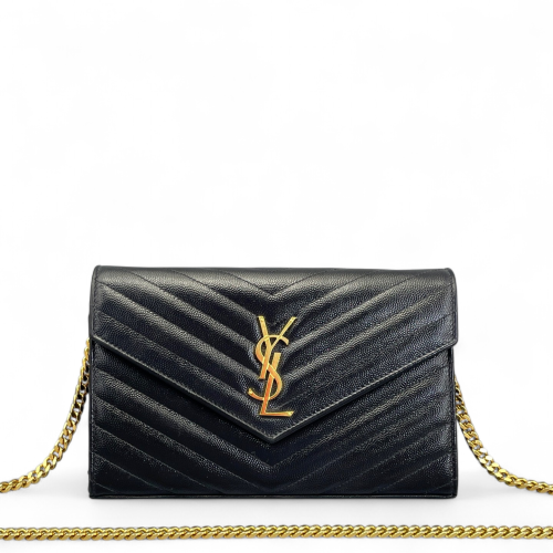 Yves Saint Laurent Envelope Wallet On Chain Grained Calfskin Black