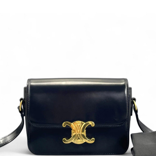 Celine Triomphe Teen Triomphe Shoulder Bag Glazed Calfskin Black