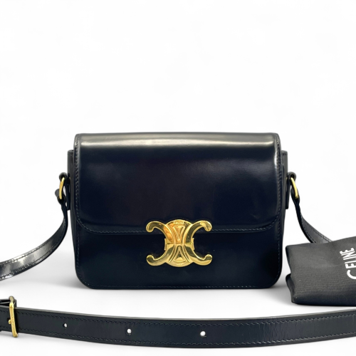 Celine Triomphe Teen Triomphe Shoulder Bag Glazed Calfskin Black