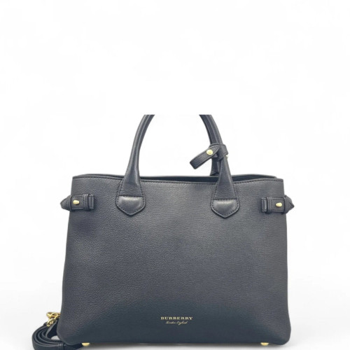 Burberry Medium Banner Tote Calfskin House Check Black Light Brown Beige