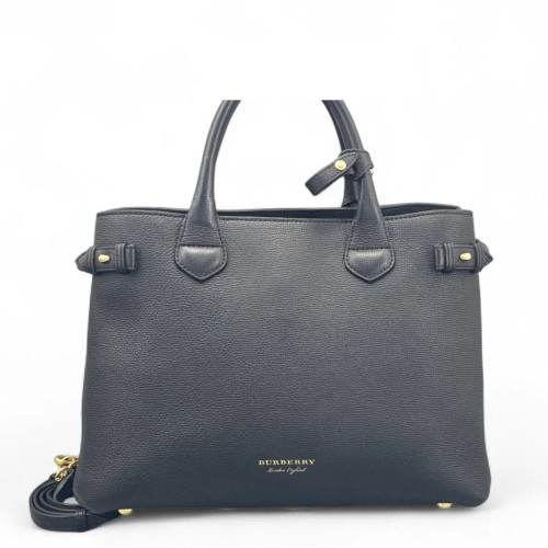 Burberry Medium Banner Tote Calfskin House Check Black Light Brown Beige
