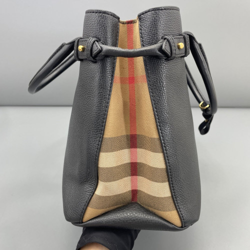 Burberry Medium Banner Tote Calfskin House Check Black Light Brown Beige