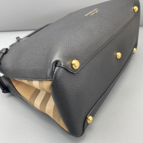 Burberry Medium Banner Tote Calfskin House Check Black Light Brown Beige