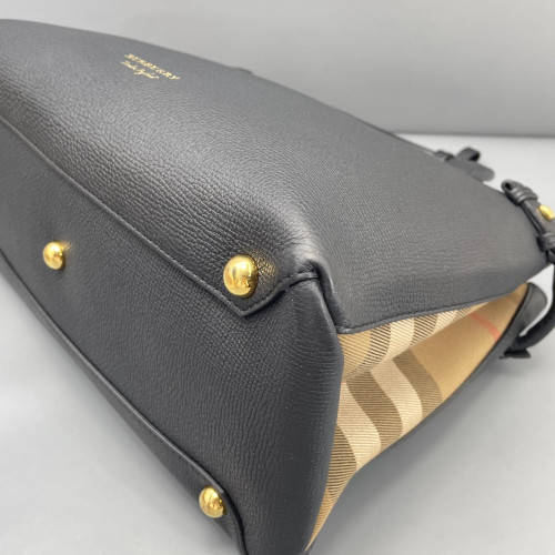 Burberry Medium Banner Tote Calfskin House Check Black Light Brown Beige