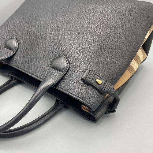 Burberry Medium Banner Tote Calfskin House Check Black Light Brown Beige