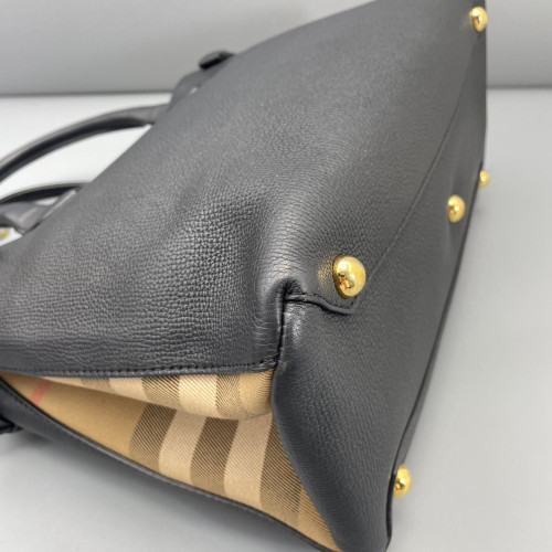 Burberry Medium Banner Tote Calfskin House Check Black Light Brown Beige