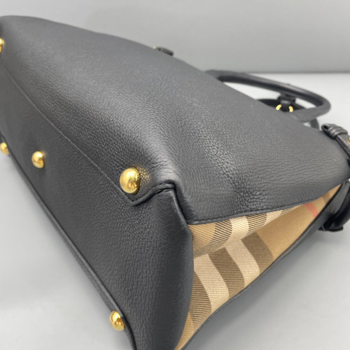 Burberry Medium Banner Tote Calfskin House Check Black Light Brown Beige