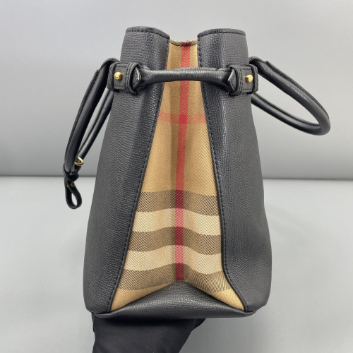 Burberry Medium Banner Tote Calfskin House Check Black Light Brown Beige