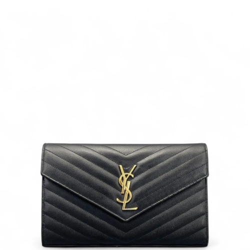 Yves Saint Laurent Envelope Wallet On Chain Shiny Caviar Calfskin Black