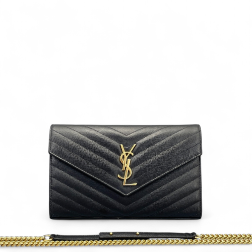 Yves Saint Laurent Envelope Wallet On Chain Shiny Caviar Calfskin Black
