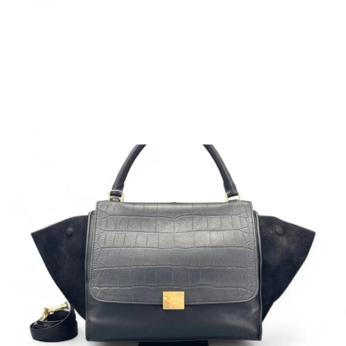Celine Medium Trapeze Calfskin Crocodile Embossed Suede Black