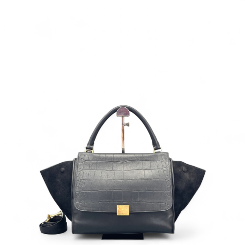 Celine Medium Trapeze Calfskin Crocodile Embossed Suede Black