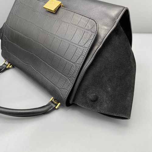 Celine Medium Trapeze Calfskin Crocodile Embossed Suede Black