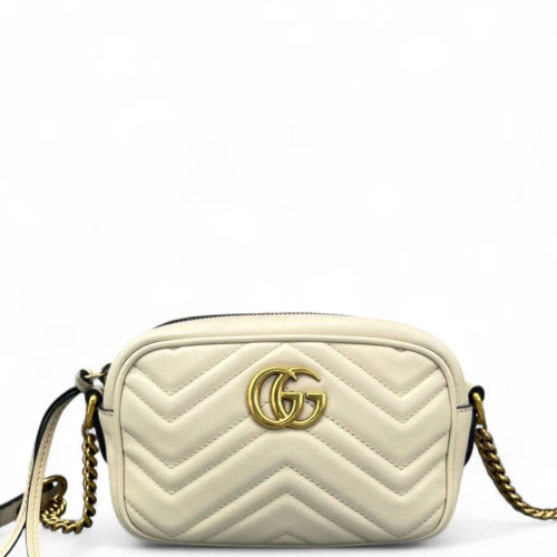 Gucci Chevron Small GG Marmont Chain Shoulder Bag Calfskin White Gold