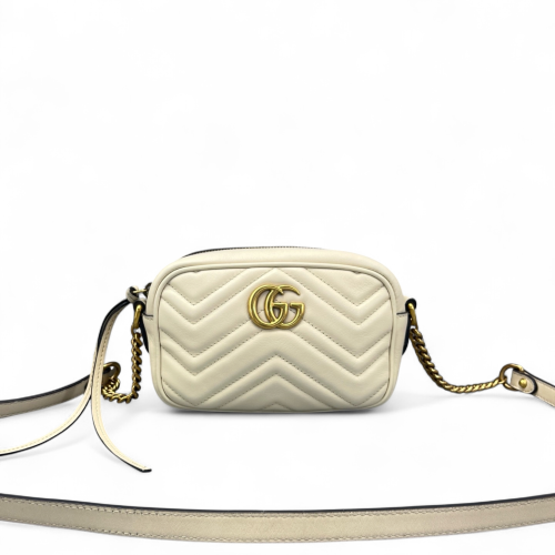 Gucci Chevron Small GG Marmont Chain Shoulder Bag Calfskin White Gold