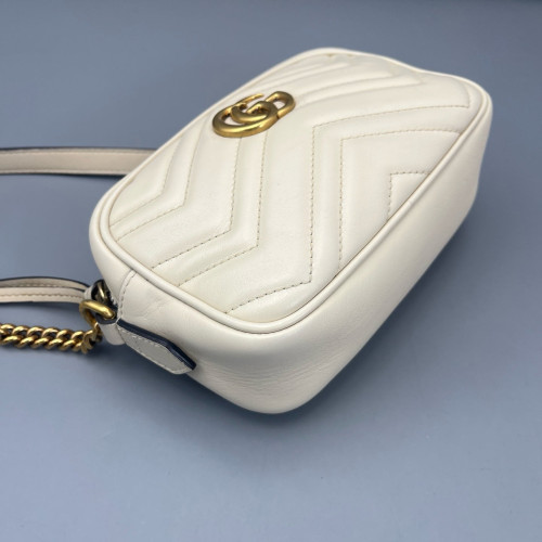 Gucci Chevron Small GG Marmont Chain Shoulder Bag Calfskin White Gold