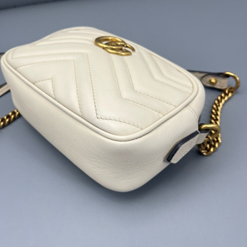 Gucci Chevron Small GG Marmont Chain Shoulder Bag Calfskin White Gold