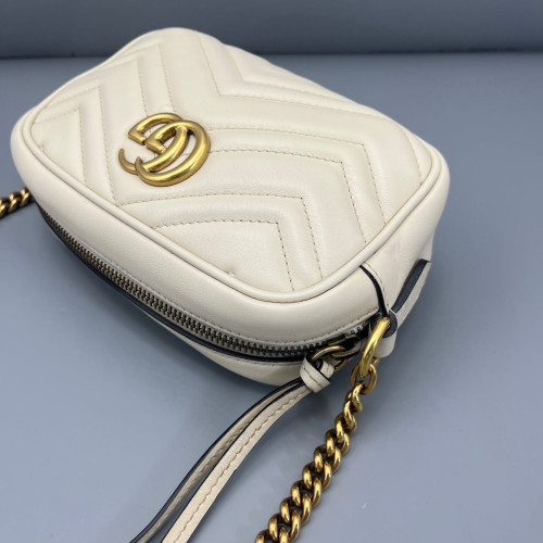 Gucci Chevron Small GG Marmont Chain Shoulder Bag Calfskin White Gold