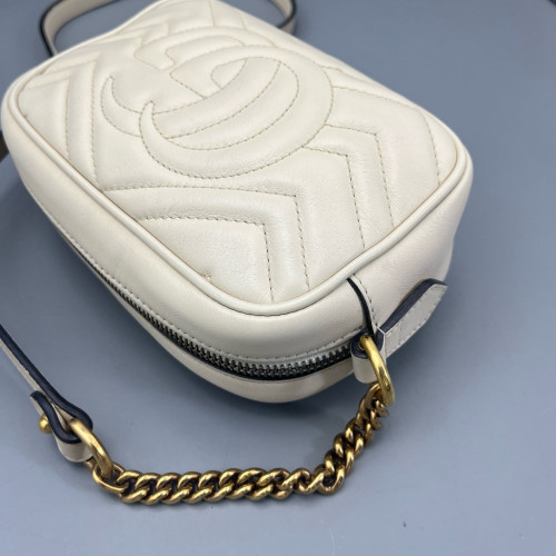 Gucci Chevron Small GG Marmont Chain Shoulder Bag Calfskin White Gold