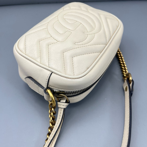 Gucci Chevron Small GG Marmont Chain Shoulder Bag Calfskin White Gold