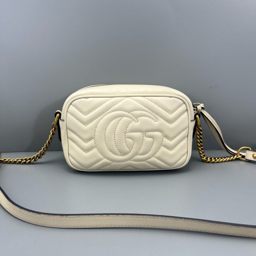 Gucci Chevron Small GG Marmont Chain Shoulder Bag Calfskin White Gold