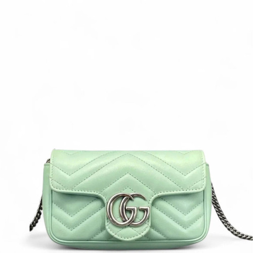 Gucci Chevron Super Mini GG Marmont Chain Wallet Calfskin Light Green